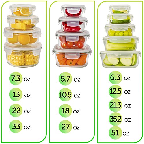 PrepNaturals 13-pack Glass Meal Prep Air Tight Containers with Custom Fit Lids - Glass Food Storage Containers - Microwave, Oven and Freezer Safe