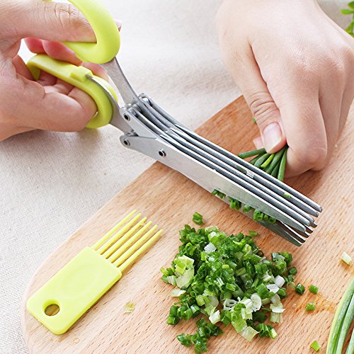 2 Packs Stainless Steel Herb Scissors, SourceTon Multi-purpose Kitchen Shear with 5 Blades and Cleaning Brush, Ergonomic Design Heavy Duty Durable Culinary Cutter with Sharp Blade