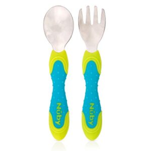 nuby 2 piece stainless steel utensil, blue/green, 2 count