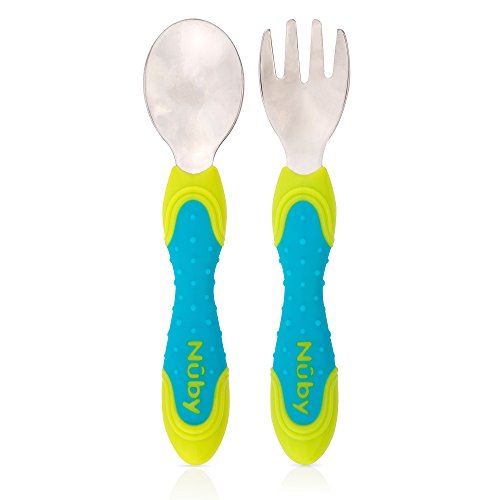 Nuby 2 Piece Stainless Steel Utensil, Blue/Green, 2 Count