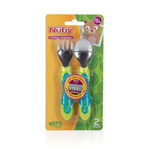 Nuby 2 Piece Stainless Steel Utensil, Blue/Green, 2 Count