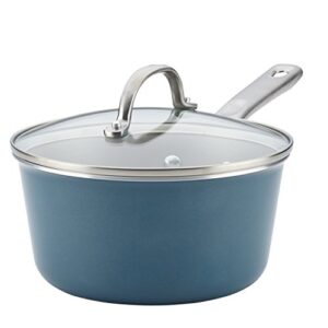 ayesha curry home collection nonstick sauce pan/saucepan with lid, 3 quart, blue