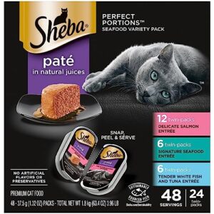 SHEBA PERFECT PORTIONS Paté Adult Wet Cat Food Trays (24 Count, 48 Servings), Signature Seafood Entrée, Easy Peel Twin-Pack Trays