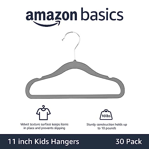 Amazon Basics Kids Velvet, Non-Slip 11.6" Clothes Hangers, Pack of 30, Gray