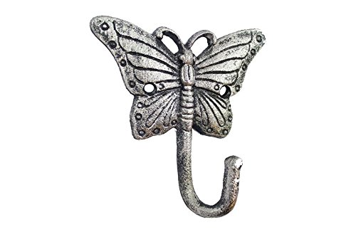 Handcrafted Model Ships Rustic Silver Cast Iron Butterfly Hook 6" - Iron Wall Hook - Butterfly Decor Id