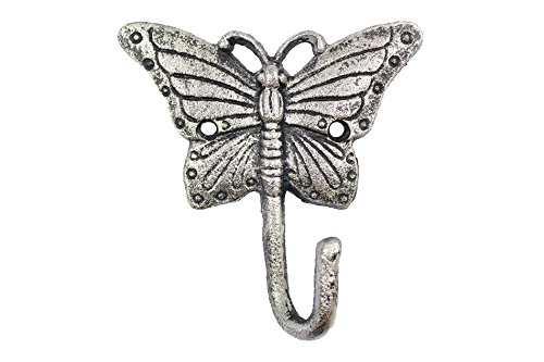 Handcrafted Model Ships Rustic Silver Cast Iron Butterfly Hook 6" - Iron Wall Hook - Butterfly Decor Id