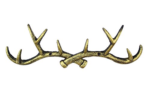 Handcrafted Model Ships Rustic Gold Cast Iron Antler Wall Hooks 15" - Rustic Wall Hook - Decorative Dee