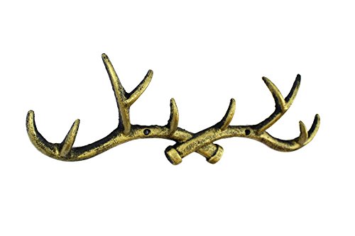 Handcrafted Model Ships Rustic Gold Cast Iron Antler Wall Hooks 15" - Rustic Wall Hook - Decorative Dee