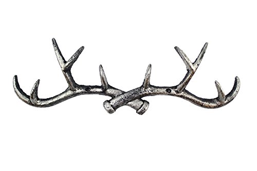 Handcrafted Model Ships Rustic Silver Cast Iron Antler Wall Hooks 15" - Iron Hook - Deer Wall Decor