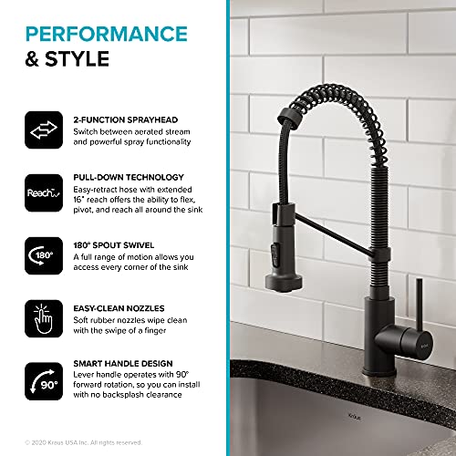 Kraus KPF-1610MB Bolden 18-Inch Commercial Kitchen Faucet with Dual Function Pull-Down Sprayhead in all-Brite Finish, 18 inch, Matte Black