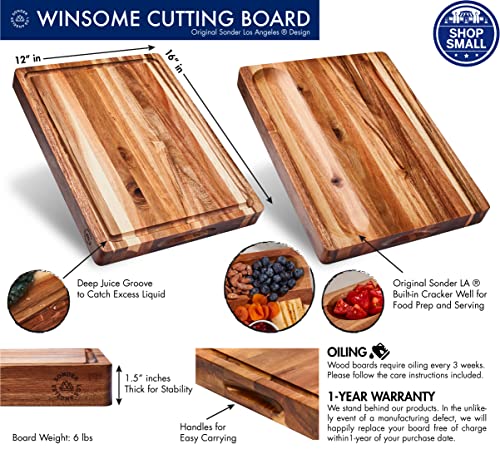 Sonder Los Angeles, Thick Sustainable Acacia Wood Cutting Board for Kitchen with Juice Groove, Sorting Compartment, Charcuterie 16x12x1.5 in (Gift Box Included)