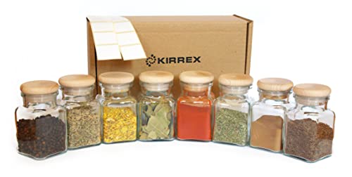 Kirrex Glass Spice Jars with Wooden Lid, 5oz (8 Jars)