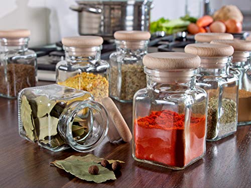 Kirrex Glass Spice Jars with Wooden Lid, 5oz (8 Jars)