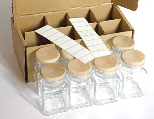 Kirrex Glass Spice Jars with Wooden Lid, 5oz (8 Jars)