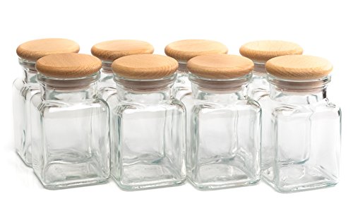 Kirrex Glass Spice Jars with Wooden Lid, 5oz (8 Jars)