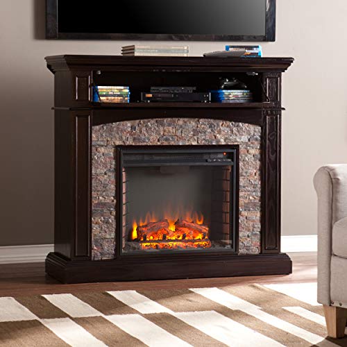 SEI FURNITURE Grantham Faux Stone Corner Electric Media Fireplace, Ebony Finish.