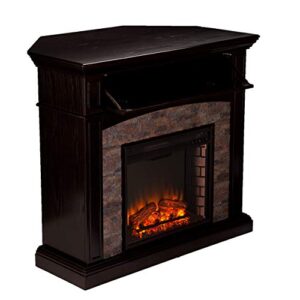 SEI FURNITURE Grantham Faux Stone Corner Electric Media Fireplace, Ebony Finish.