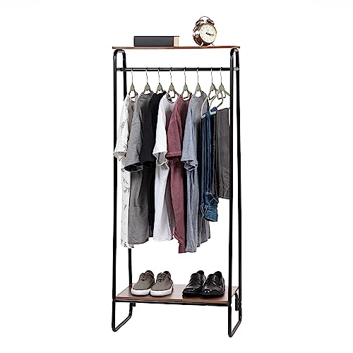 IRIS USA, Inc. Clothing Rack, Clothes Rack with 2 Wood Shelves, Freestanding Clothing Rack, Easy to Assemble Garment Rack, Standing Metal Sturdy Clothing Rack, Small Space Storage Solution, Black