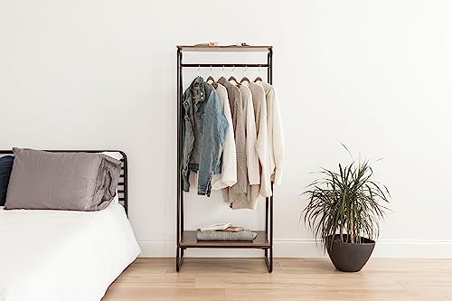 IRIS USA, Inc. Clothing Rack, Clothes Rack with 2 Wood Shelves, Freestanding Clothing Rack, Easy to Assemble Garment Rack, Standing Metal Sturdy Clothing Rack, Small Space Storage Solution, Black