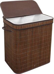 greenco bamboo foldable double hamper, flip-top lid, side rope carrying handles and inner liner with divider- espresso, brown