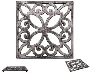 comfify decorative cast iron trivet for kitchen or dining table | square with vintage pattern - 6.5 x 6.5 | with rubber pegs/feet - recycled metal | vintage, rustic design - rust silver color