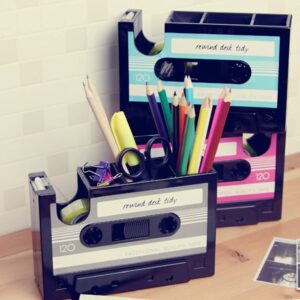 Cassette Tape Dispenser Pen Holder Vase Pencil Pot Stationery Desk Tidy Container Office Stationery Supplier Gift (Black)