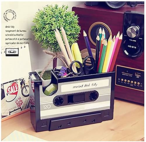 Cassette Tape Dispenser Pen Holder Vase Pencil Pot Stationery Desk Tidy Container Office Stationery Supplier Gift (Black)