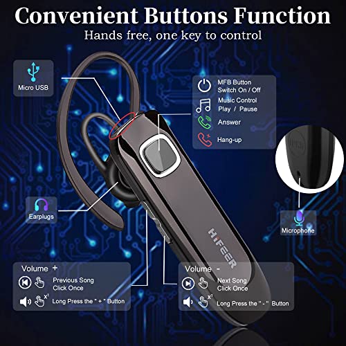 HIFEER Bluetooth Headset V5.0, Wireless Bluetooth Earpiece,Hands-Free with Built-in Mic for Driving/Business/Office,CVC8.0 Noise Cancelling Bluetooth Headphone for iPhone Android Samsung, Black