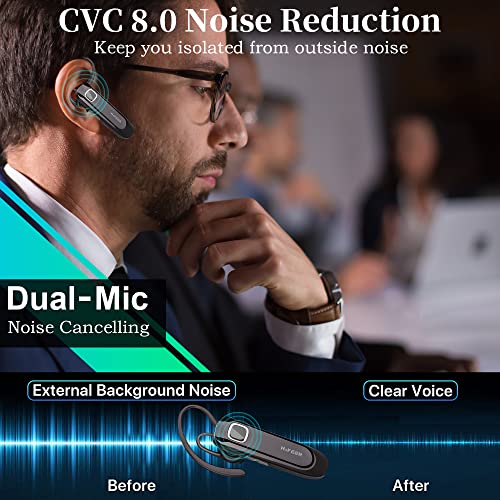 HIFEER Bluetooth Headset V5.0, Wireless Bluetooth Earpiece,Hands-Free with Built-in Mic for Driving/Business/Office,CVC8.0 Noise Cancelling Bluetooth Headphone for iPhone Android Samsung, Black