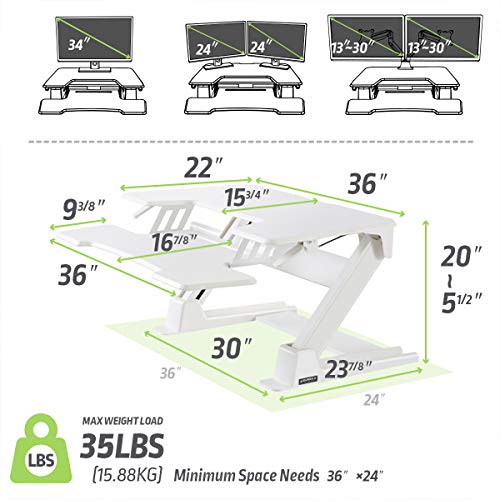 [Upgrade]Eureka Ergonomic V2 Sit To Stand Desk Converter, 36'' Height Adjustable Standing Desk Risers Converters Desktop Stand Computer Workstation Home Office Computer Desk with Keyboard Tray - White