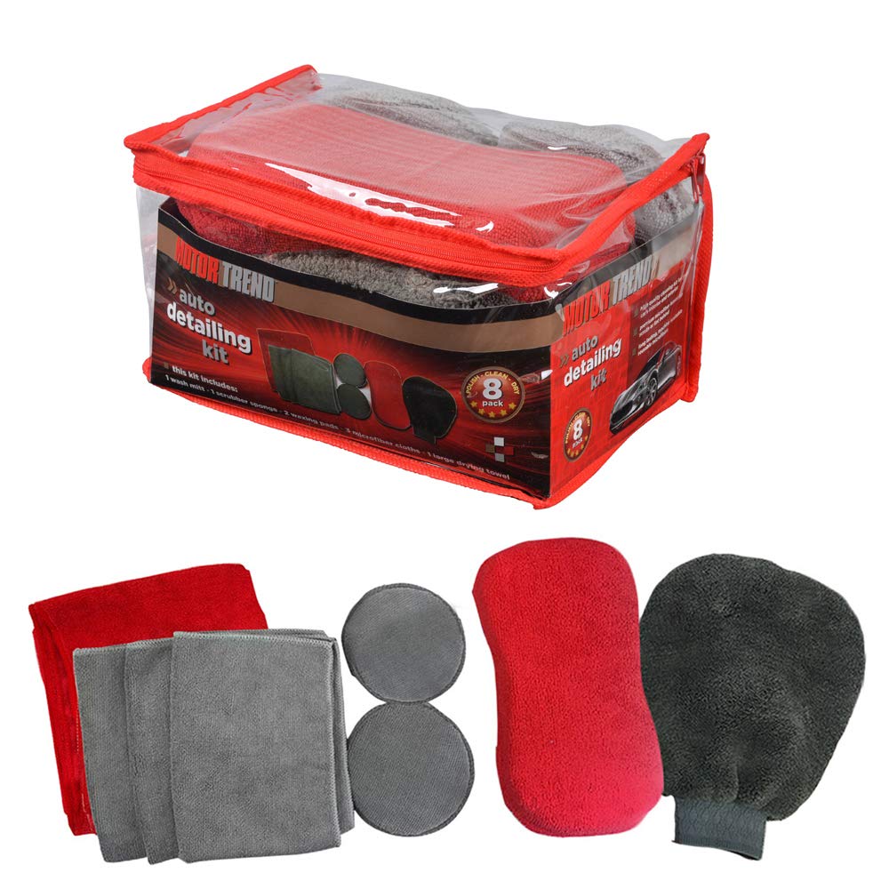 Motor Trend Complete Car Wash and Detail Kit - 9 Piece Car Detailing Set Includes Reusable Microfiber Towels, Mitt, Sponges & Pads