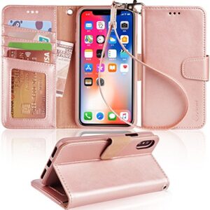 arae case for iphone x/xs, premium pu leather wallet case [wrist straps] flip folio [kickstand feature] with id&credit card pockets for iphone x (2017) / xs (2018) 5.8 inch rose gold
