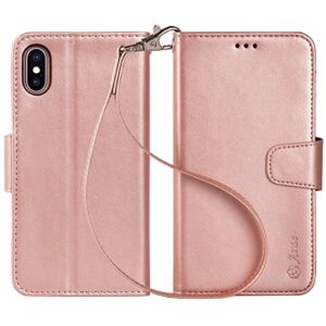 Arae Case for iPhone X/Xs, Premium PU Leather Wallet Case [Wrist Straps] Flip Folio [Kickstand Feature] with ID&Credit Card Pockets for iPhone X (2017) / Xs (2018) 5.8 inch Rose Gold