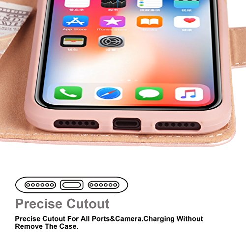 Arae Case for iPhone X/Xs, Premium PU Leather Wallet Case [Wrist Straps] Flip Folio [Kickstand Feature] with ID&Credit Card Pockets for iPhone X (2017) / Xs (2018) 5.8 inch Rose Gold