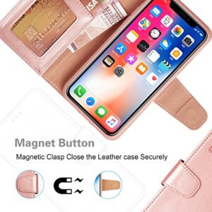 Arae Case for iPhone X/Xs, Premium PU Leather Wallet Case [Wrist Straps] Flip Folio [Kickstand Feature] with ID&Credit Card Pockets for iPhone X (2017) / Xs (2018) 5.8 inch Rose Gold