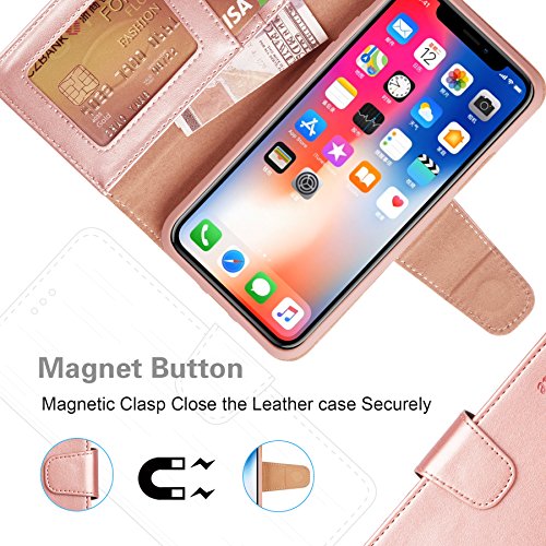 Arae Case for iPhone X/Xs, Premium PU Leather Wallet Case [Wrist Straps] Flip Folio [Kickstand Feature] with ID&Credit Card Pockets for iPhone X (2017) / Xs (2018) 5.8 inch Rose Gold