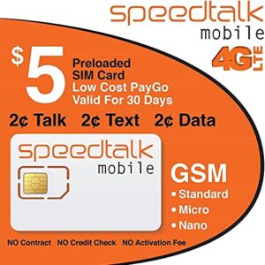 SpeedTalk Mobile $5 Prepaid Wireless Pay Go Plan for SmartPhones & Cellphones | 5G 4G LTE | 2¢ Talk, Text, Data |Triple Cut (Mini,Micro,Nano)GSM Sim Card | No Contract No Credit Check | 30 Day Service