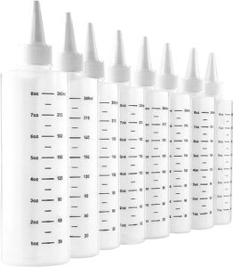 8-ounce plastic squeeze bottles with graduated measurements (8-pack); great for kitchen, portion control, condiments, cosmetic use & crafts