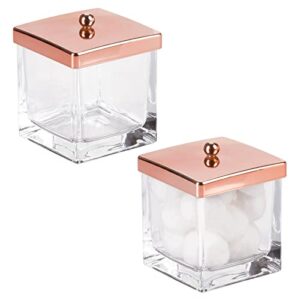 mdesign modern glass square bathroom vanity countertop storage organizer canister jar for cotton swabs, rounds, balls, makeup sponges, bath salts - 2 pack - clear/rose gold