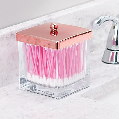 mDesign Modern Glass Square Bathroom Vanity Countertop Storage Organizer Canister Jar for Cotton Swabs, Rounds, Balls, Makeup Sponges, Bath Salts - 2 Pack - Clear/Rose Gold