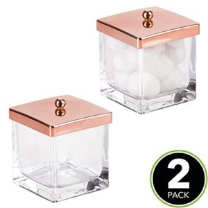 mDesign Modern Glass Square Bathroom Vanity Countertop Storage Organizer Canister Jar for Cotton Swabs, Rounds, Balls, Makeup Sponges, Bath Salts - 2 Pack - Clear/Rose Gold