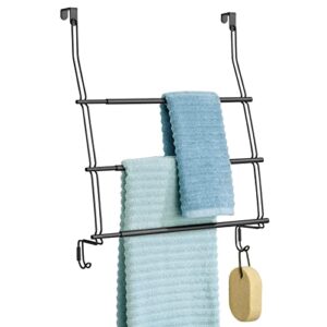 mdesign expandable metal over shower door towel rack for bathroom - 3-tier organizer with 2 large hooks - holder for hand/bath towels, washcloths, loofahs, sponges - trinity collection - matte black