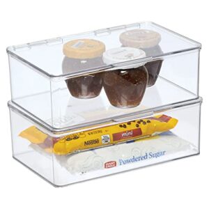 mdesign plastic kitchen pantry and fridge storage organizer box containers with hinged lid for shelves or cabinets, holds food, snacks, canned drinks, seasoning, condiments, or utensils, 2 pack, clear