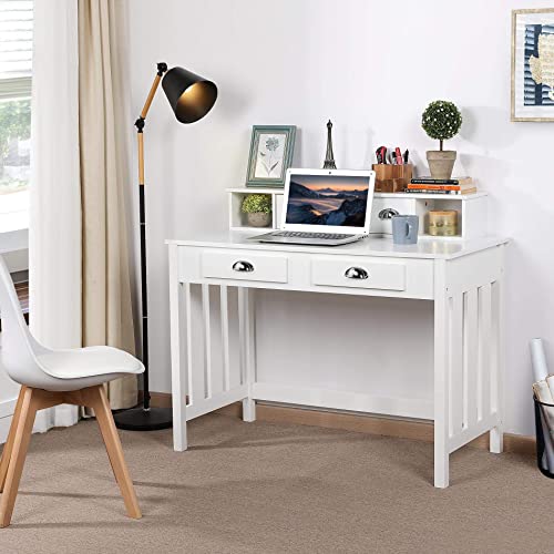 Yaheetech Writing Computer Desk Secretary Desk with Removable Floating Organizer, Workstation Laptop Table Home Office Notebook Desk Organizer with 2 Tier Hutch 4 Drawers, Solid Pine Wood Legs, White