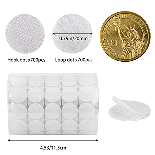 WXBOOM Self Adhesive Dots 1400pcs (700 Pairs) 0.79" Diameter White Hook & Loop Dots Sticky Back Coins 20mm for School Classroom Office Home