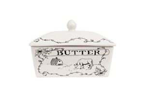 creative co-op country stoneware butter dish with lid, "spread the love" message, and farm line drawing, white and black