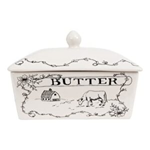 Creative Co-Op Country Stoneware Butter Dish with Lid, "Spread the Love" Message, and Farm Line Drawing, White and Black