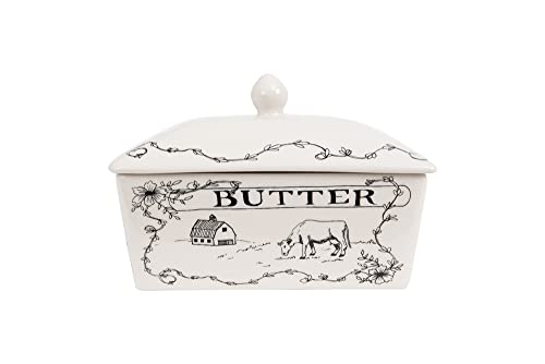 Creative Co-Op Country Stoneware Butter Dish with Lid, "Spread the Love" Message, and Farm Line Drawing, White and Black