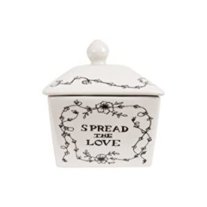 Creative Co-Op Country Stoneware Butter Dish with Lid, "Spread the Love" Message, and Farm Line Drawing, White and Black