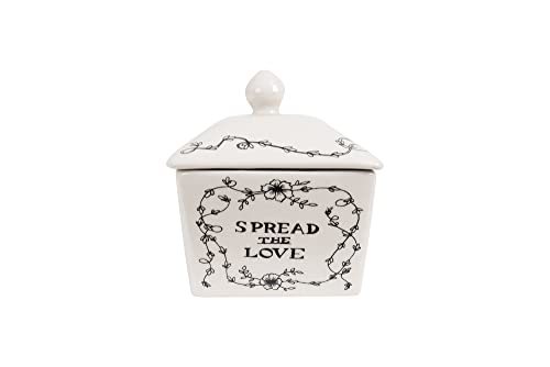 Creative Co-Op Country Stoneware Butter Dish with Lid, "Spread the Love" Message, and Farm Line Drawing, White and Black